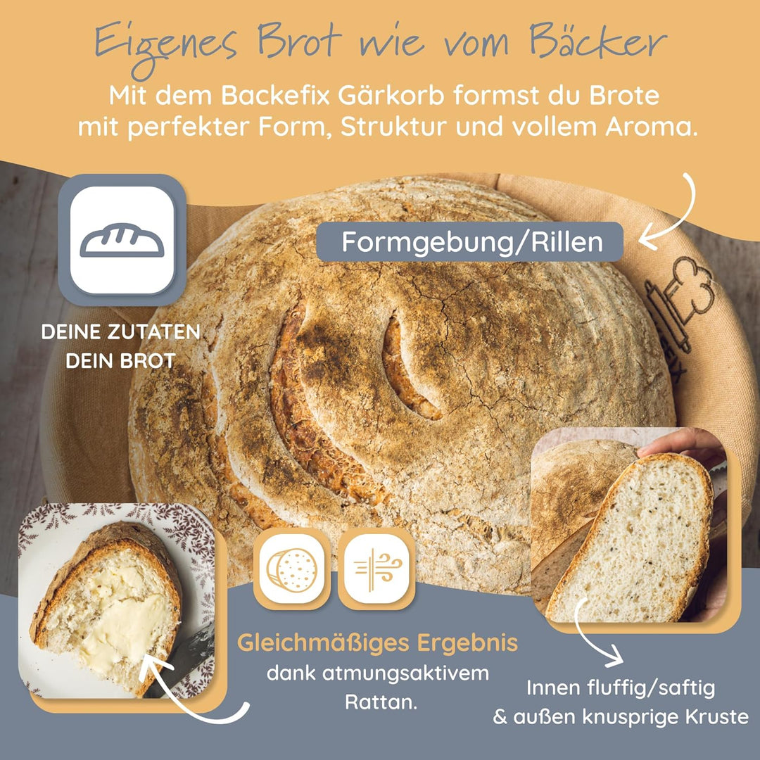 Backefix Gärkörbchen rund 25 cm innen klein 500g bis 1 kg Brot - nachhaltig und natürlich mit Gärkor