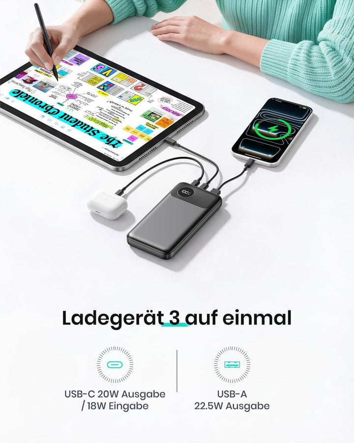 A ADDTOP Power Bank 20000mAh, 22,5W Schnellladefunktion Klein Powerbank mit 3 Ausgängen, PD 3.0 QC 4