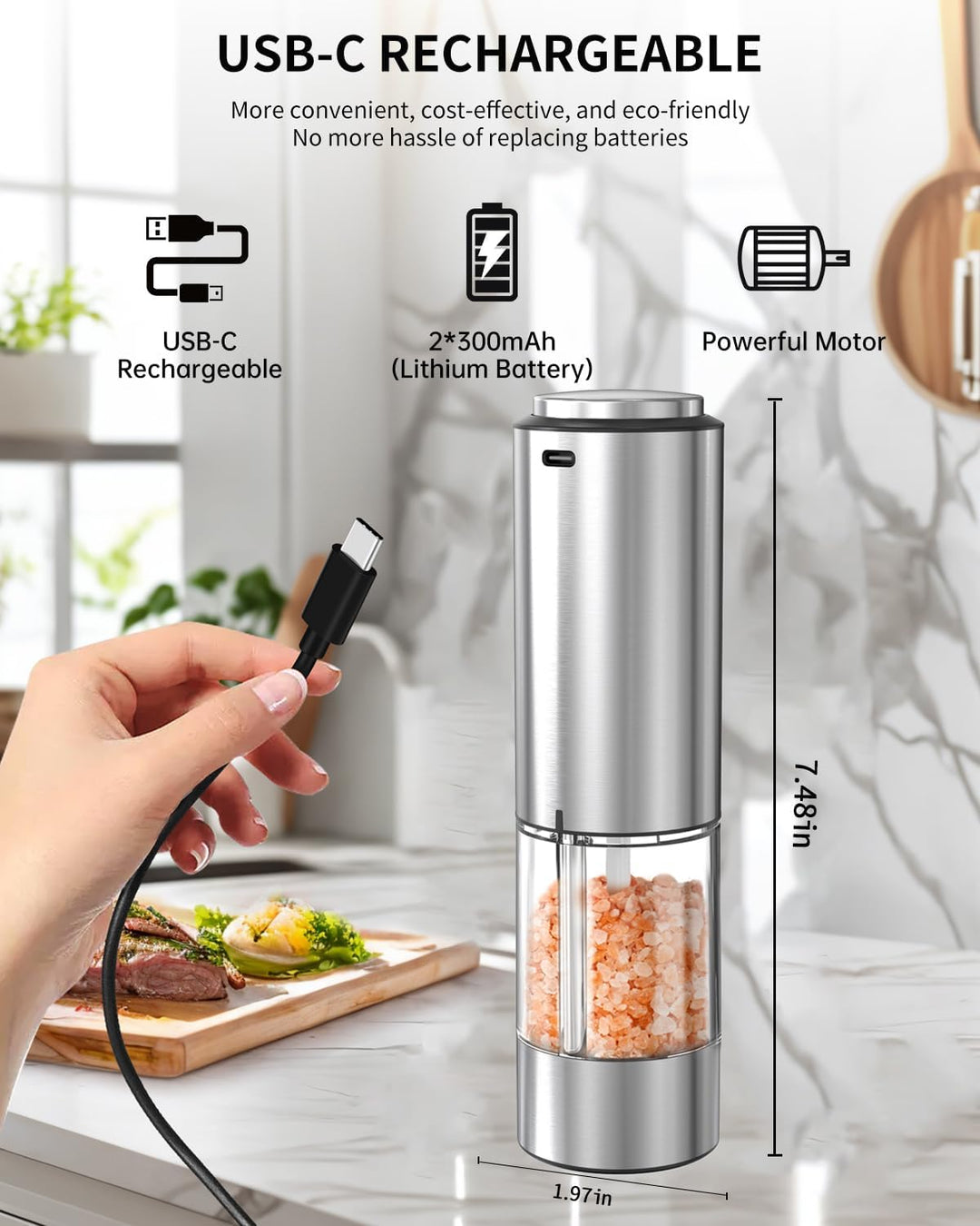 CIRCLE JOY Wiederaufladbarer Pfeffermühle Elektrischer Gewürzmühle aus Edelstahl mit Waschbarem 95ml