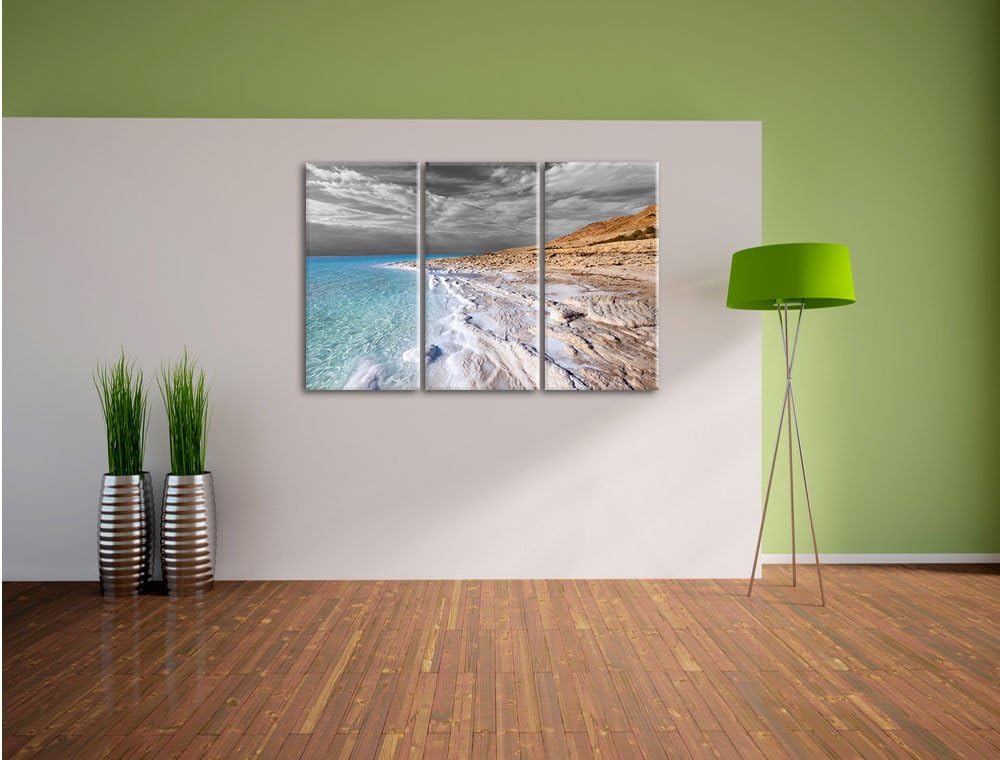Pixxprint Das Tote Meer bei Tag Schwarz/Weiss 3-Teiler Leinwandbild 120x80 Bild auf Leinwand