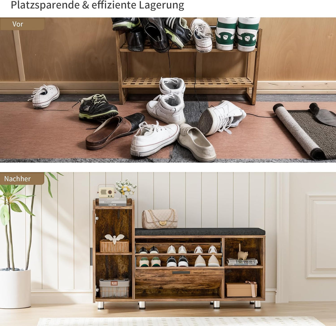 Schuhbank mit Sitzfläche, Klappfach mit Verstellbarer Trennwand, Höhenverstellbar, Schuhschrank mit