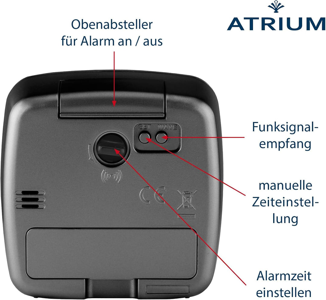 Atrium Funkwecker Analog Quarz ohne Ticken grosse Zahlen sehr deutlich mit Licht und Snooze schwarz