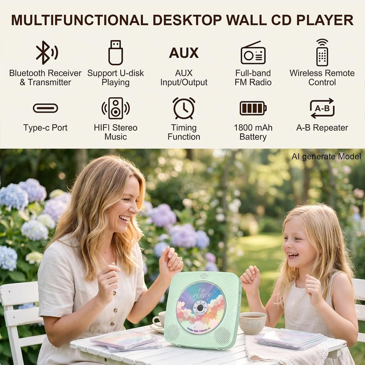 Gueray Desktop CD Player Bluetooth CD-Spieler mit Lautsprechern für Zuhause 1800mAh Tragbarer CD-Pla