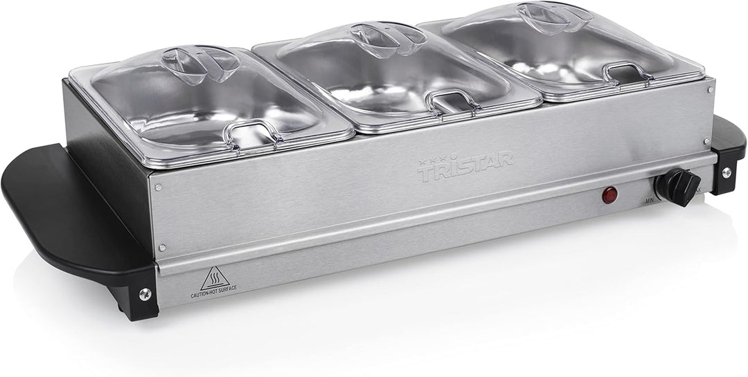 Tristar Edelstahl Buffetwärmer - einstellbares Thermostat, 3 x 1,5l Buffetbehälter, als Heizplatte v