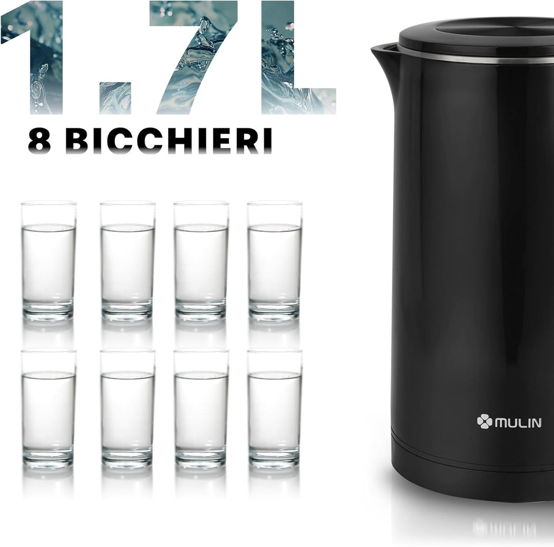 MULIN Elektrischer Wasserkocher, 2200 W, Kapazität 1,7 l, schnelles Kochen, 360 ° drehbarer Sockel,