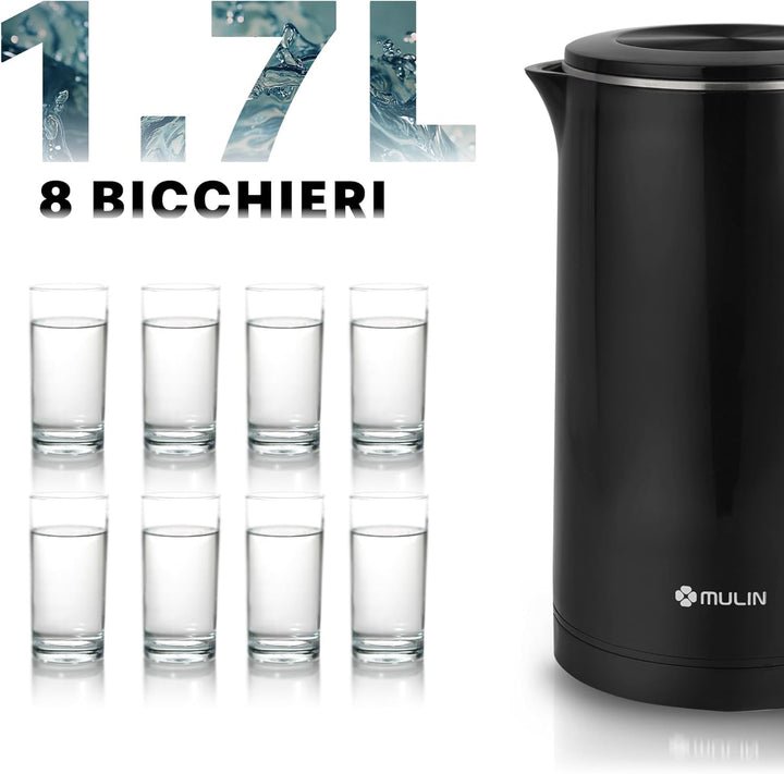 MULIN Elektrischer Wasserkocher, 2200 W, Kapazität 1,7 l, schnelles Kochen, 360 ° drehbarer Sockel,