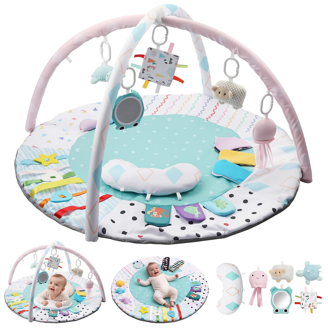 FUNYKICH Spielbogen Baby, Spieldecke Baby mit 6 Spielzeugen &amp; Kissen, Rutschfeste Baby Gym für Babys