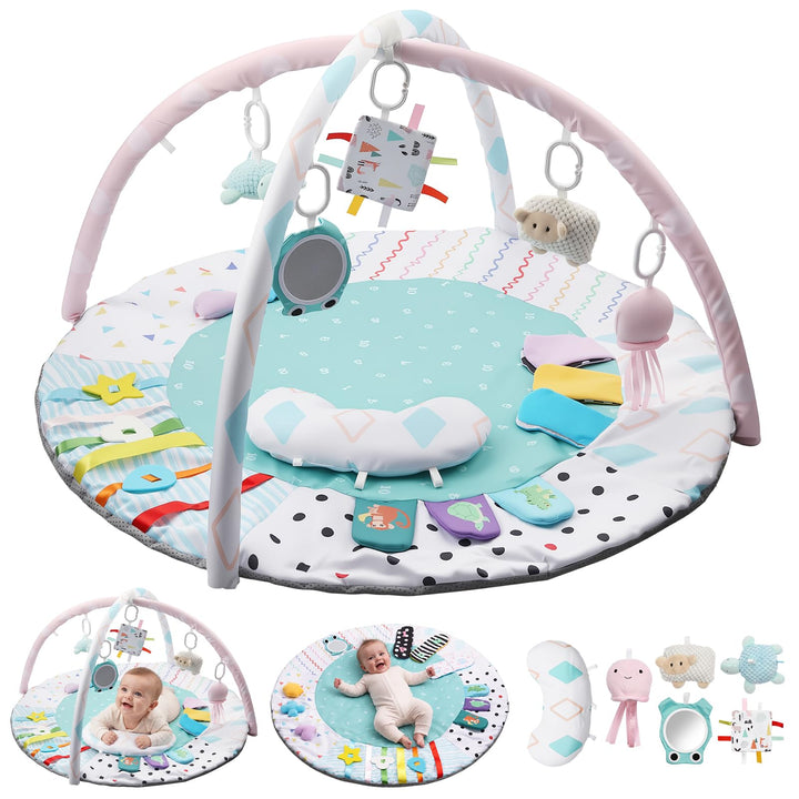 FUNYKICH Spielbogen Baby, Spieldecke Baby mit 6 Spielzeugen &amp; Kissen, Rutschfeste Baby Gym für Babys