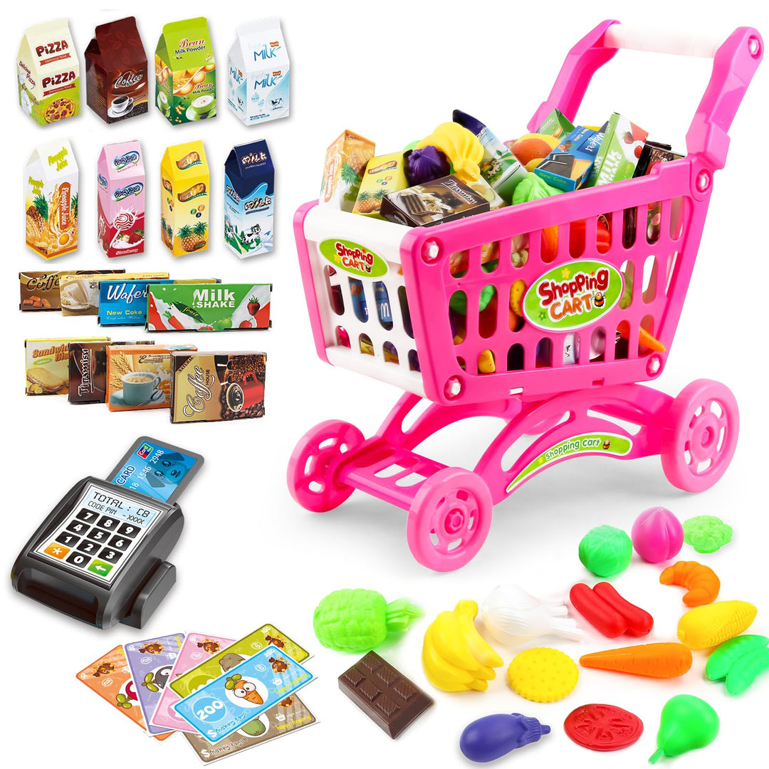 deAO Kinder Einkaufswagen Spielset, Gefüllt mit mehr als 50 Kunststoff Lebensmitteln Spielzeug für J