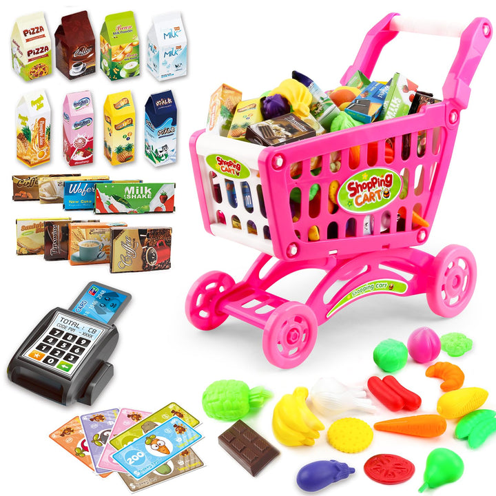 deAO Kinder Einkaufswagen Spielset, Gefüllt mit mehr als 50 Kunststoff Lebensmitteln Spielzeug für J