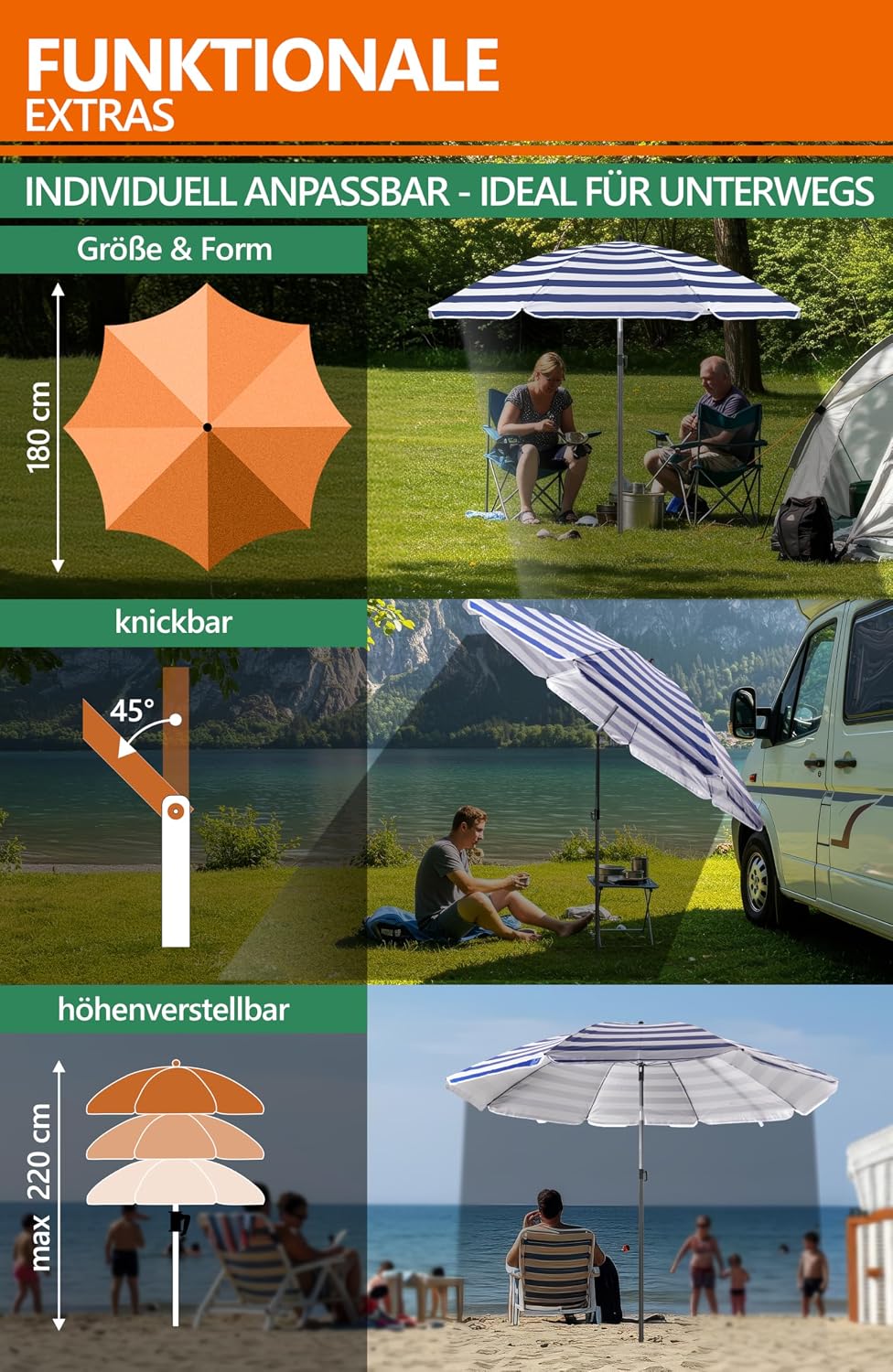 4smile Sonnenschirm Strand Ø 180 cm, 3-in-1 SET mit Bodenhülse, Blau-Weiss | UPF 50+ Strandschirm +