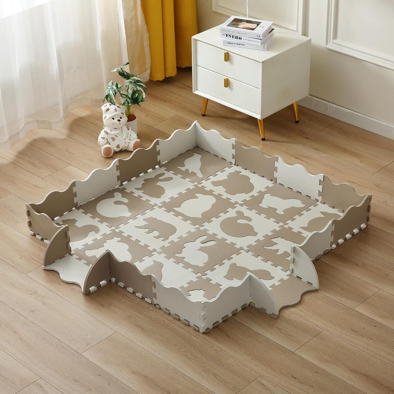 Puzzlematte Baby Kinder Puzzlematten Schadstofffrei Spielmatte Beige Krabbelmatte Tiere Eva Schaumst