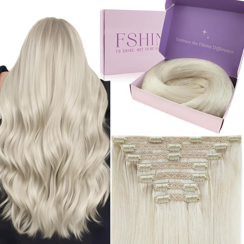 Fshine Echthaar Extensions Clip Weisse Blondine 40cm/16zoll Remy Haarverlängerung Echthaar Clip 120g
