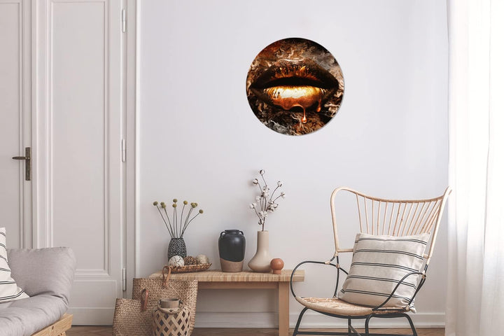 Wandbild Rund Wanddeko Deko Wohnzimmer Bilder 30x30 cm Gold - Lippen - Kunst - Gold - Luxus - Abstra