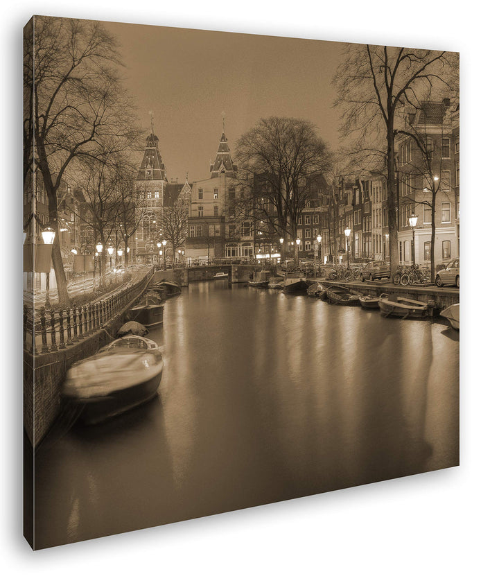 deyoli Kanal in Amsterdam bei Nacht Format: 60x60 Effekt: Sepia als Leinwandbild, Motiv auf Echtholz