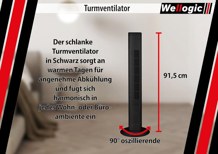 Turmventilator leise 91 cm Schwarz – Standventilator mit Fernbedienung, Timer 7,5h, 3 Geschwindigkei