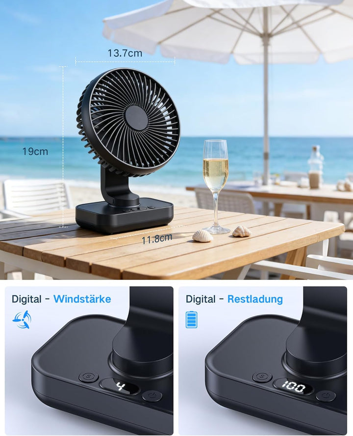 Tischventilator Automatisch Oszillierend, Leise 30 dB, Sanfter Luftstrom, 4500mAh Akku, USB-C, LED D