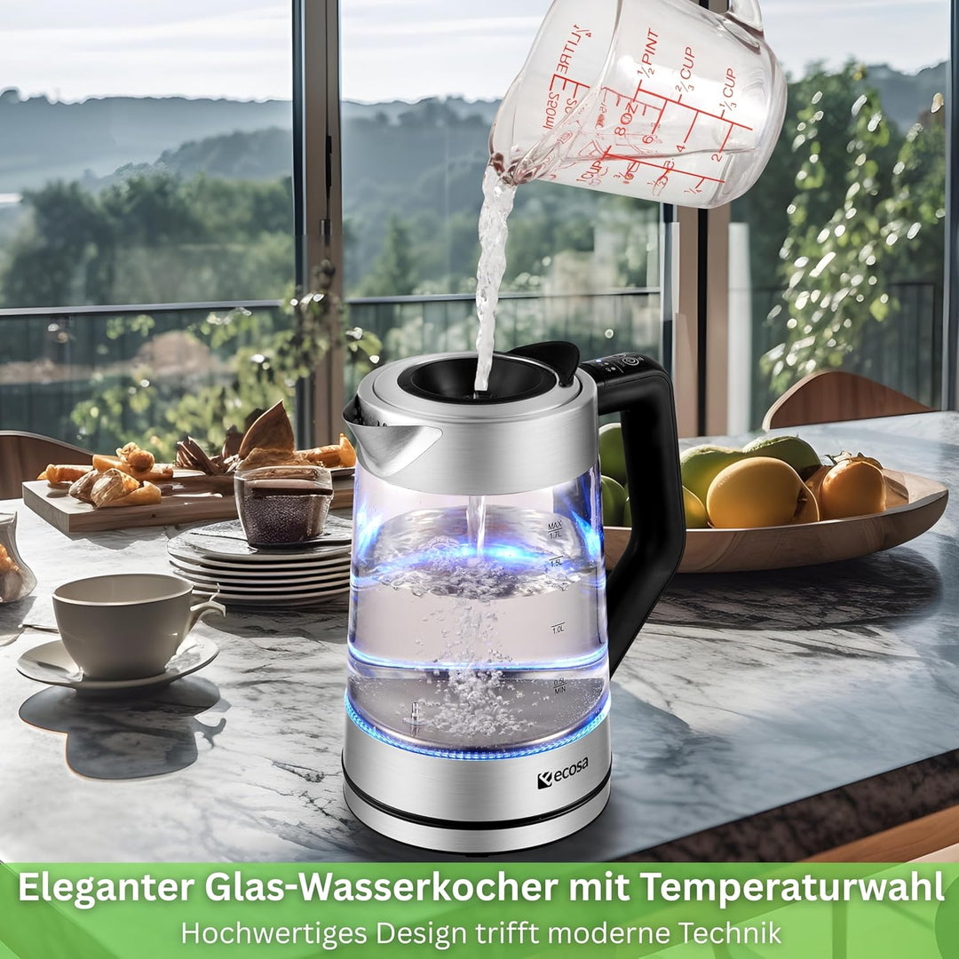 Glas Wasserkocher 1,7 Liter | 2200 Watt | Edelstahl mit Temperaturwahl | Teekocher | 100% BPA FREI |