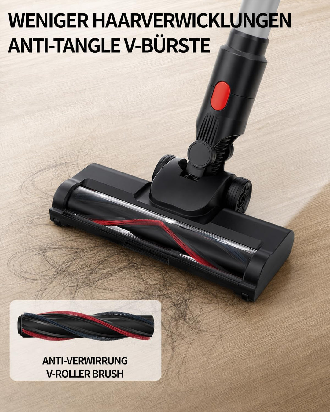 Akku Staubsauger Kabellos – 40KPa/500W/50 Min, 1L kabelloser Staubsauger mit V-förmiger Anti-Tangle-