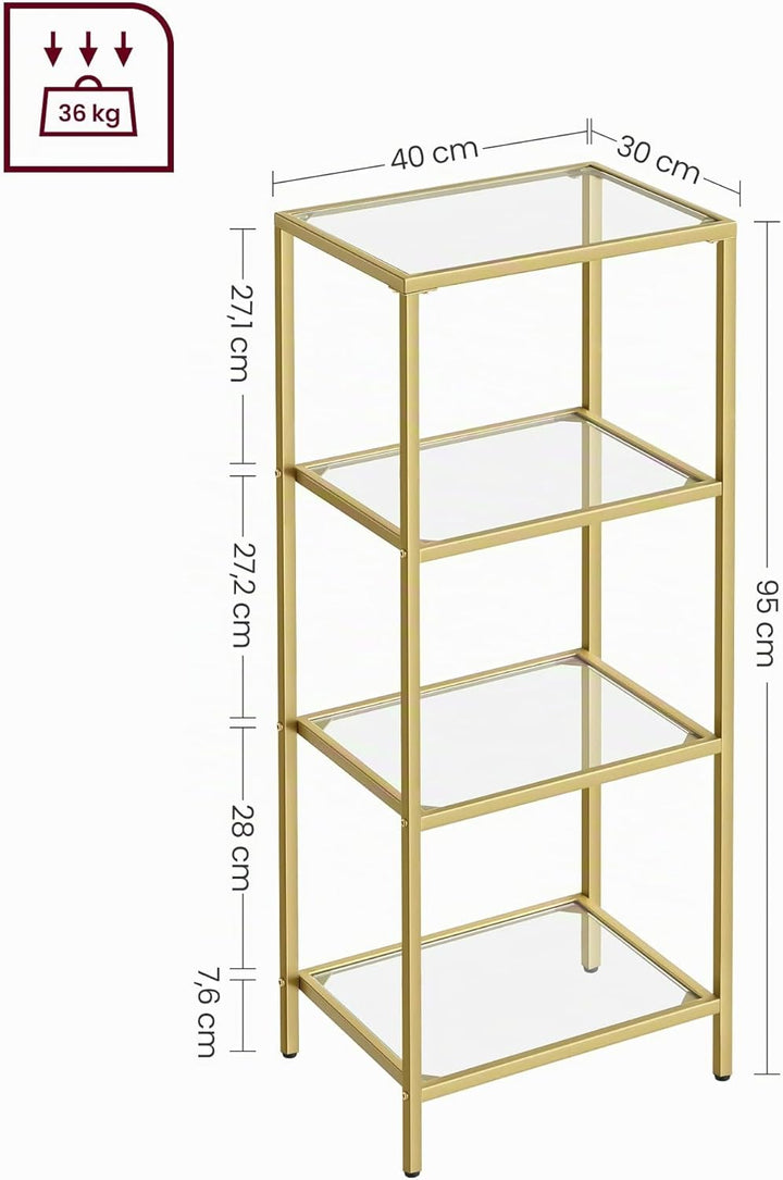 VASAGLE Regal mit 4 Ablagen, Badregal, gehärtetes Glas, einfache Montage, für Badezimmer, Wohnzimmer