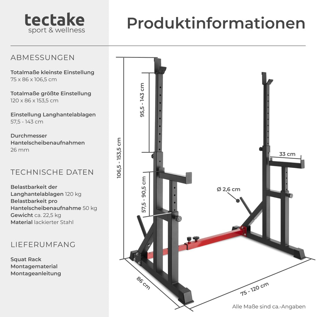 tectake 404237 Squat Rack, Höhe und Breite verstellbare Langhantelablage, Kniebeugenständer mit Sich