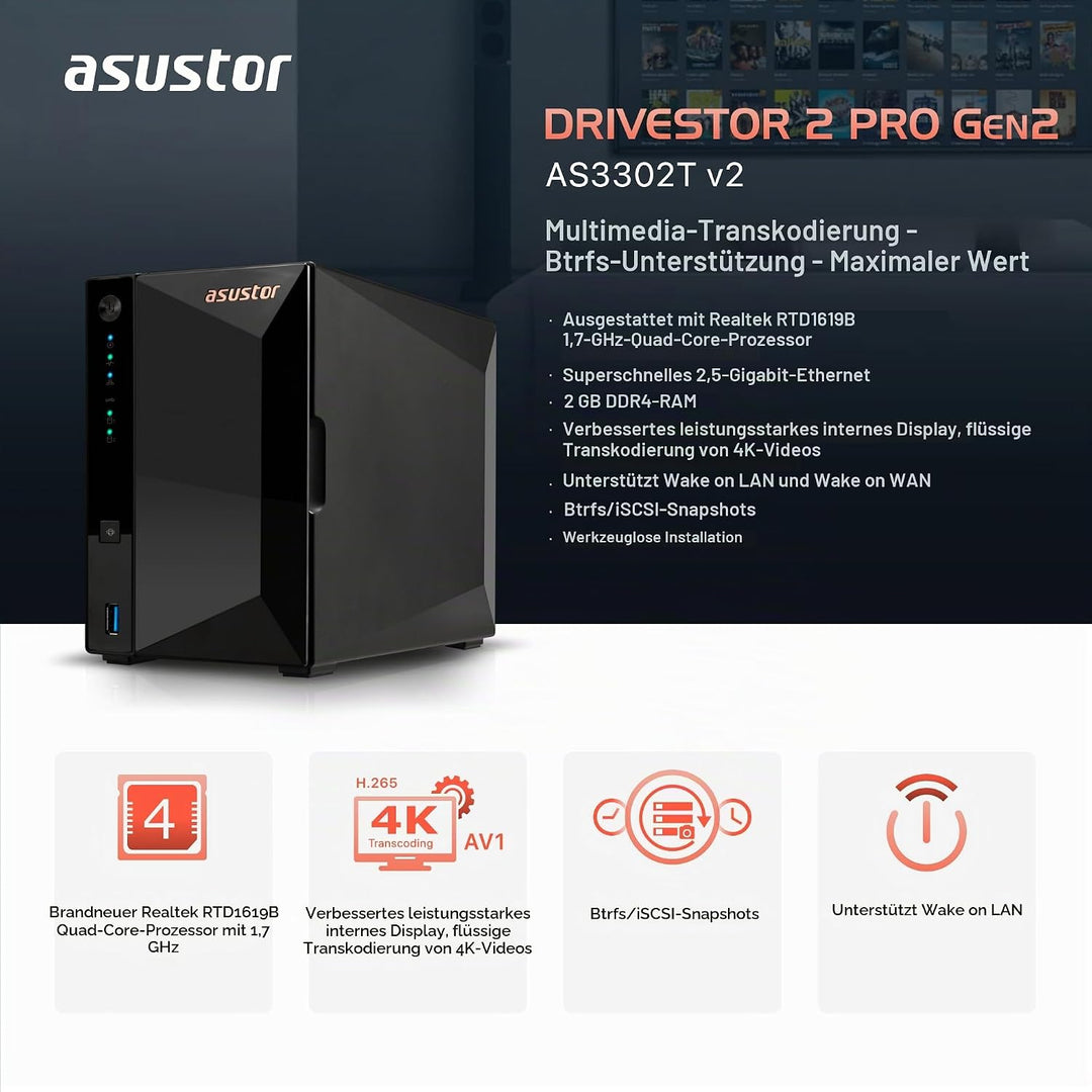 Asustor Drivestor 2 Pro Gen2 AS3302T v2, 2 Bay NAS Gehäuse Netzwerkspeicher, 1.7GHz Quad-Core, 2.5Gb