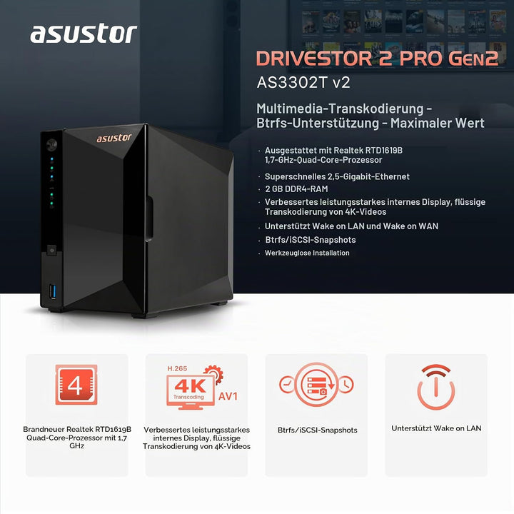 Asustor Drivestor 2 Pro Gen2 AS3302T v2, 2 Bay NAS Gehäuse Netzwerkspeicher, 1.7GHz Quad-Core, 2.5Gb