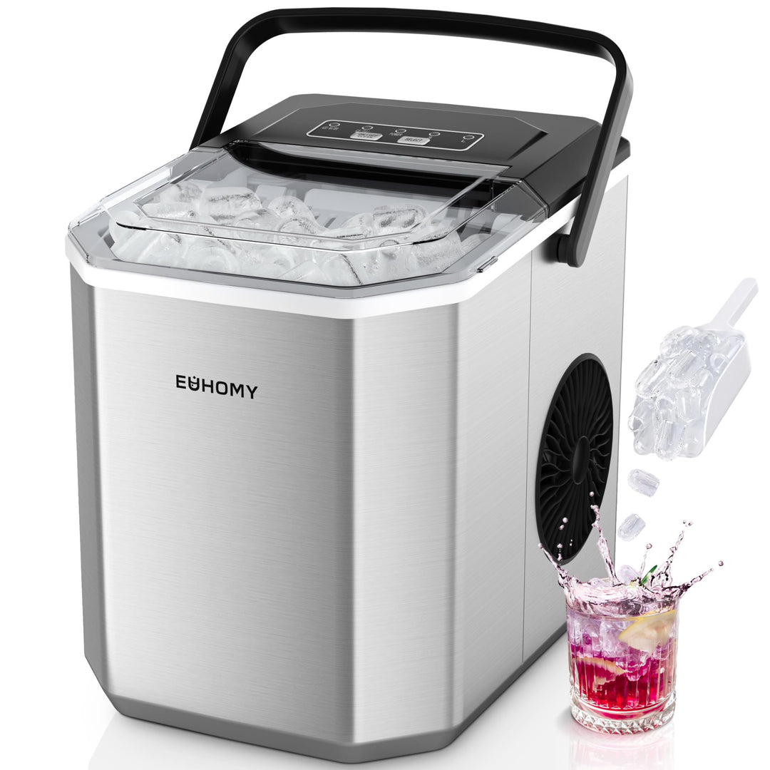 EUHOMY Eiswürfelmaschine, 9 Würfel in 6 Min, Bullet-Eismaschine, 2 Würfelgrössen, Edelstahl-Eismasch
