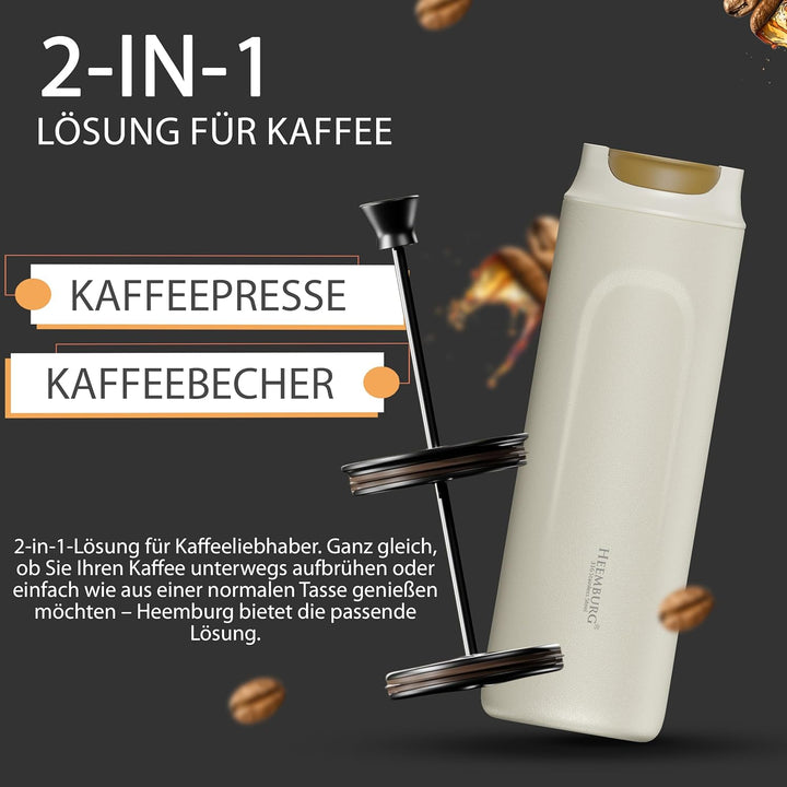 French Press To Go 430 ml Edelstahl doppelwandig isoliert | auslaufsichere Reise Kaffeepresse | Ther