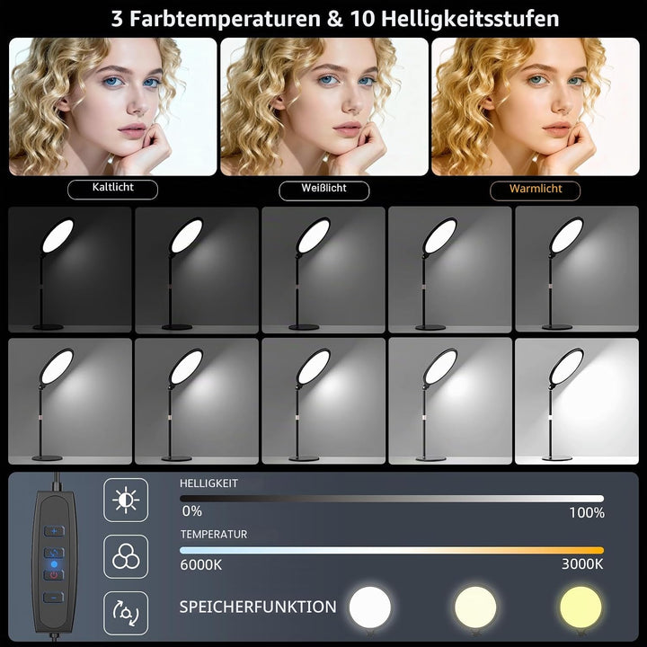 LUXCEO Key Light,10" Selfie Licht Set mit Ständer und Telefonhalter,10W 3000-6000K Dimmbares Vollbil