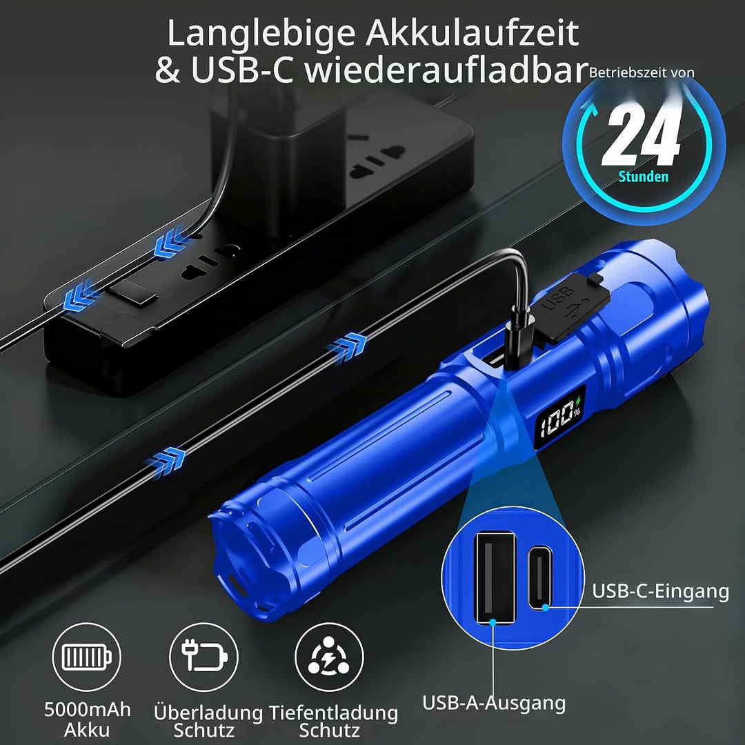 Blukar Taschenlampe LED 2 Farbtemperatur mit Hauptlicht &amp; Seitlich COB-Licht, Aufladbar Extrem Hell
