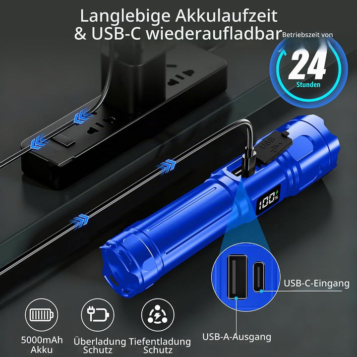 Blukar Taschenlampe LED 2 Farbtemperatur mit Hauptlicht &amp; Seitlich COB-Licht, Aufladbar Extrem Hell