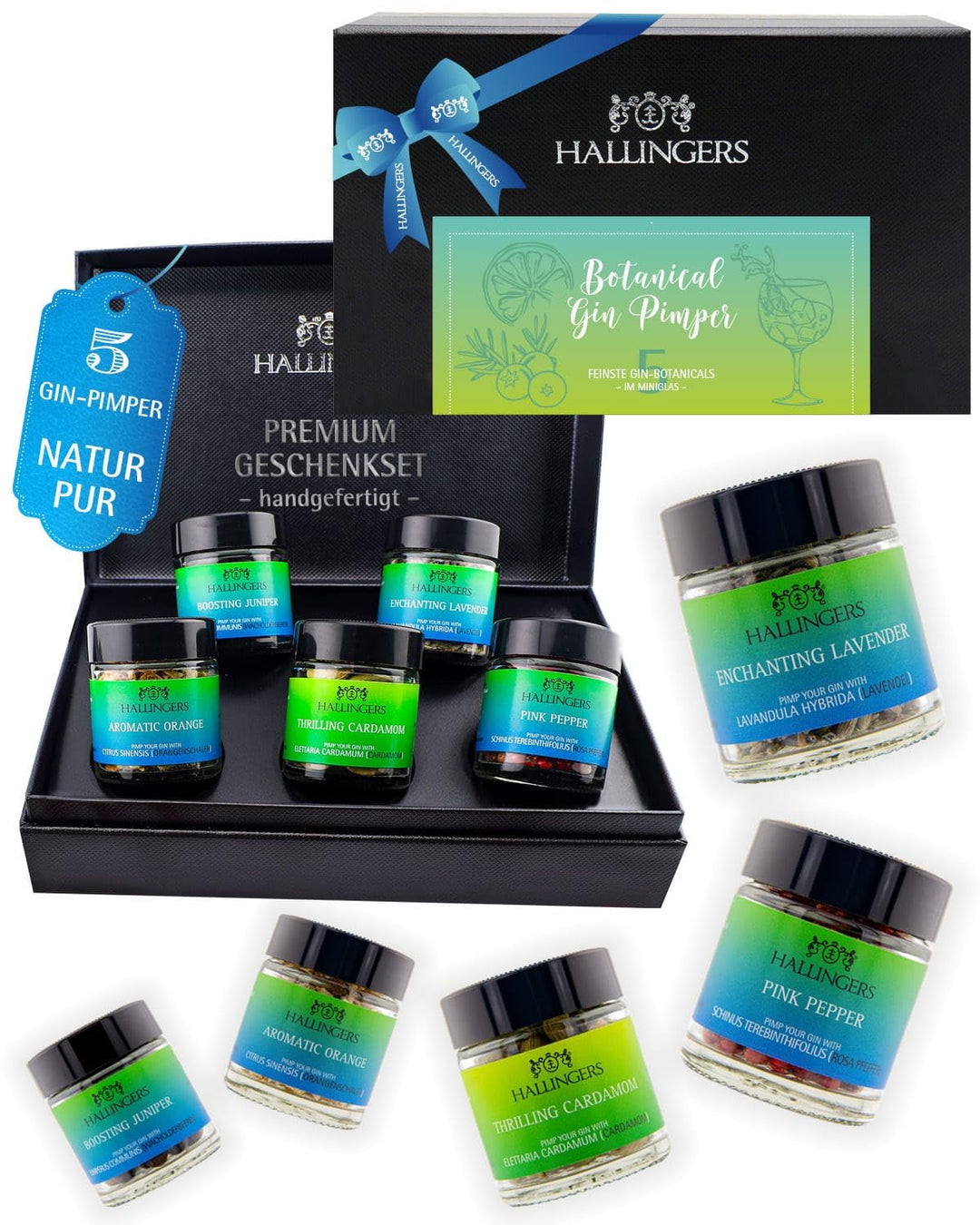 Hallingers Botanical Gin Pimper - Gewürz Geschenkset Gin handmade, 5 Gewürze als Gin-Botanicals (Set