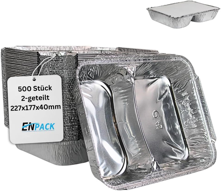 Enpack 500 Stück Aluminiumschale mit Einlegedeckel 1020L - Zweigeteilte Menüschale - 1020 ml Füllmen
