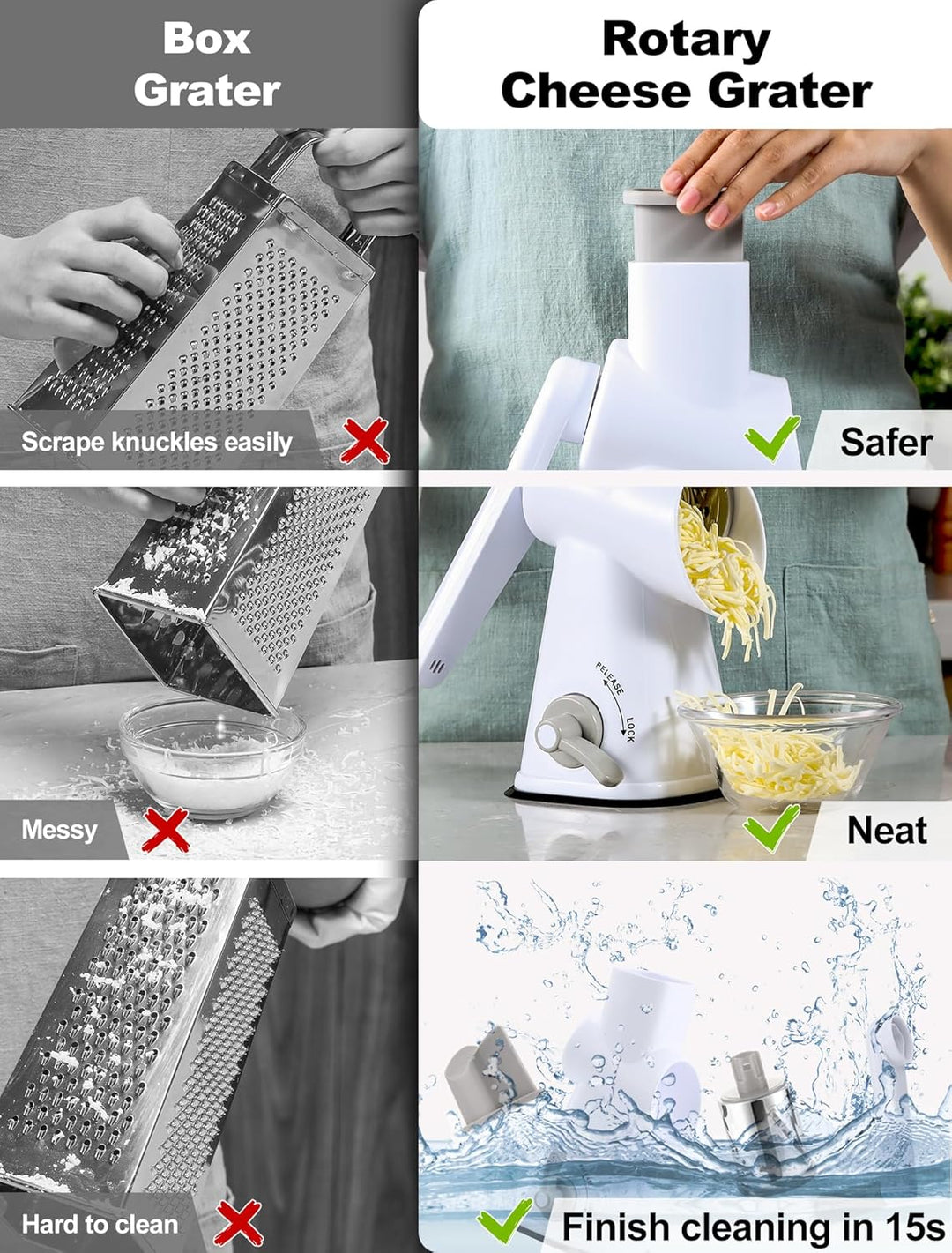 GDL Käsereibe mit Kurbel, Gemüsehobel mit 3 austauschbaren Trommelklingen, Reibe Küche Schnelles Sch