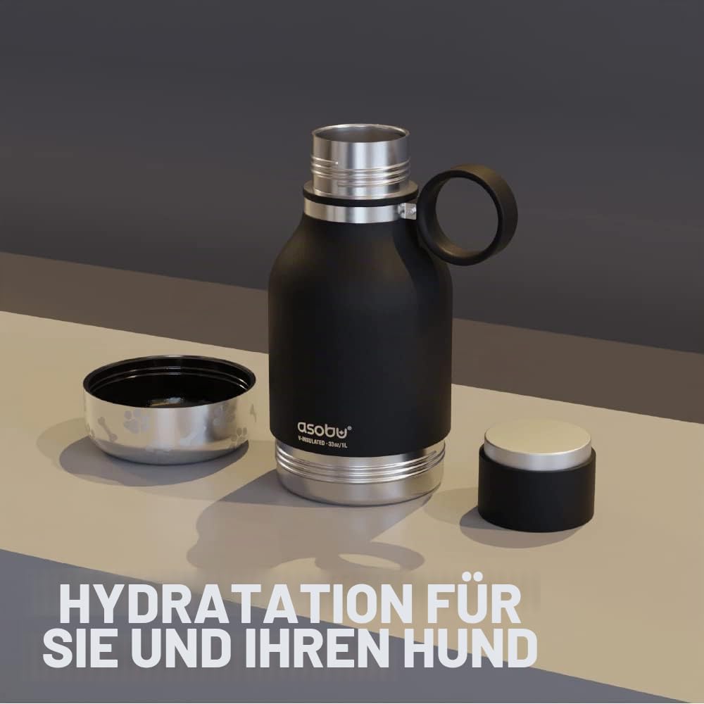Asobu Hundenapf für Haustiere, mit isolierter Edelstahl-Reiseflasche, 945 ml, Schwarz, 1 Count (Pack