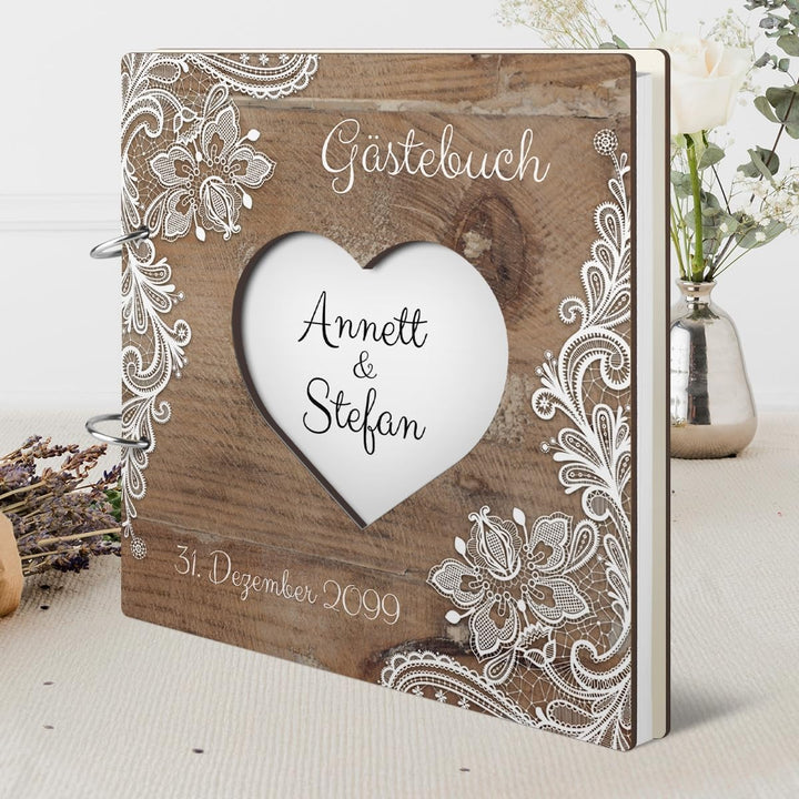 Personalisiertes Hochzeit Gästebuch - Rustikal Motiv (HDF bedruckt mit Holzmotiv und Weisser Spitze)