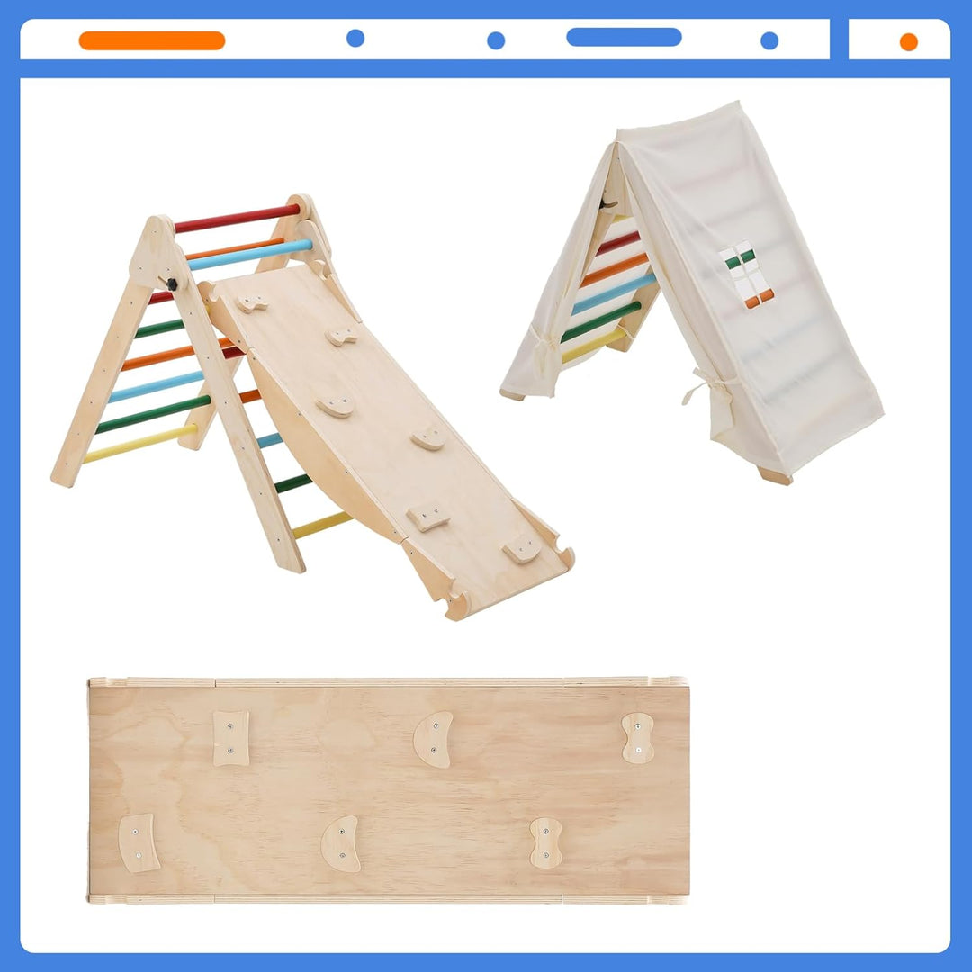 5-in-1 Montessori Kletterdreieck, Klettergerüst Indoor mit Rutsche, Kletterleiter und Zeltdach, Wipp