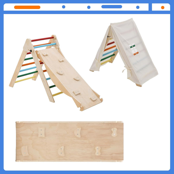 5-in-1 Montessori Kletterdreieck, Klettergerüst Indoor mit Rutsche, Kletterleiter und Zeltdach, Wipp