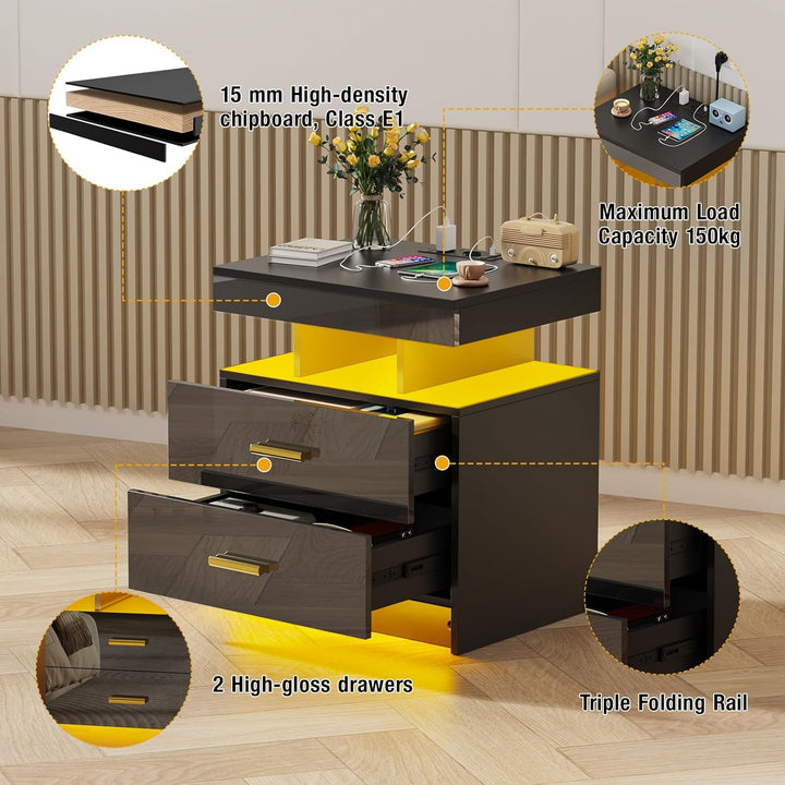 Nachttisch LED mit Steckdose(2 AC-Steckdosen & 2 USB-Anschlüsse), Nachtkommode mit 2 Schubladen und