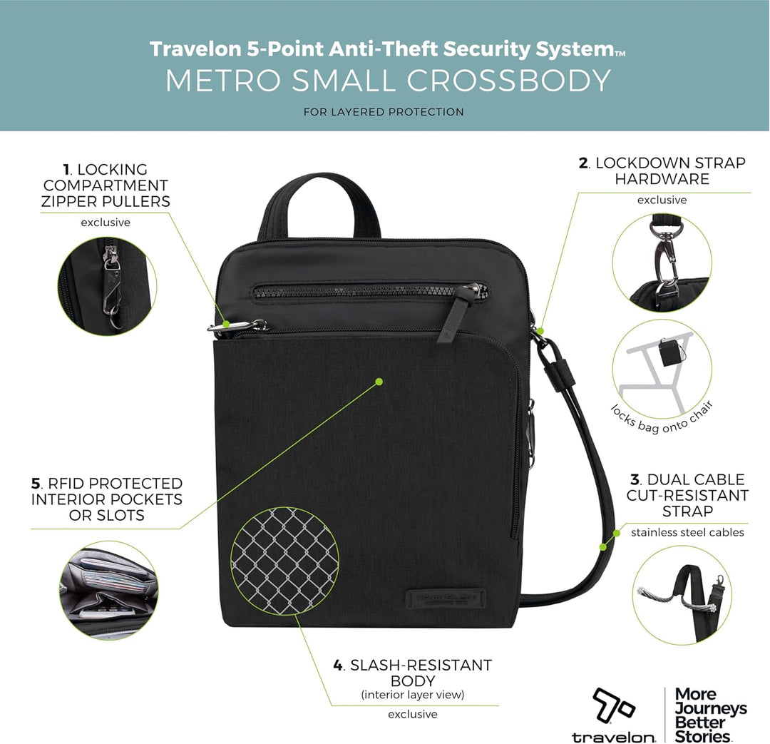 Travelon Unisex Diebstahlschutz Metro Small Crossbody Umhängetasche 9.75 x 10.75 x 2 Schwarz, 9.75 x