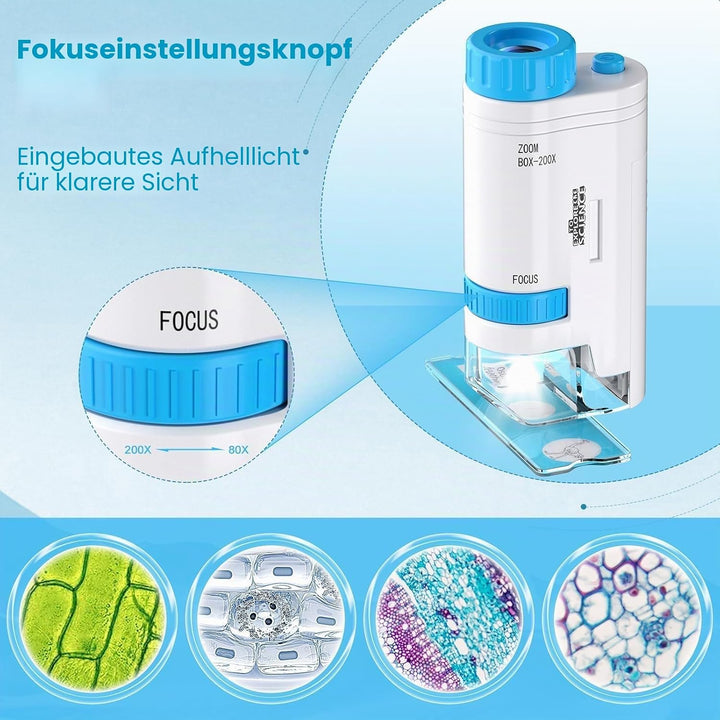 80x-200x Taschenmikroskop Kinder, LED Mikroskop für Kinder mit 12 Objektträgern LED-Licht Microscope