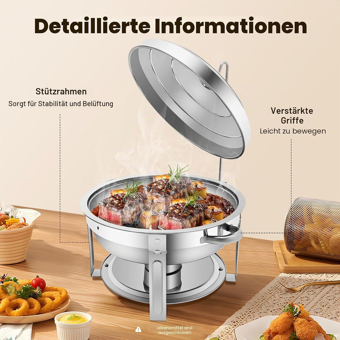 7.5L Edelstahl Rund Chafing Dish, Speisenwärmer Profi Set, Warmhaltebehälter, mit Brennstoffpastenbe