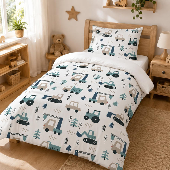DJDEA Bagger Kinderbettwäsche 135x200 Junge Weich Mikrofaser | Baustellen Motiv Bettwäsche Kinder mi