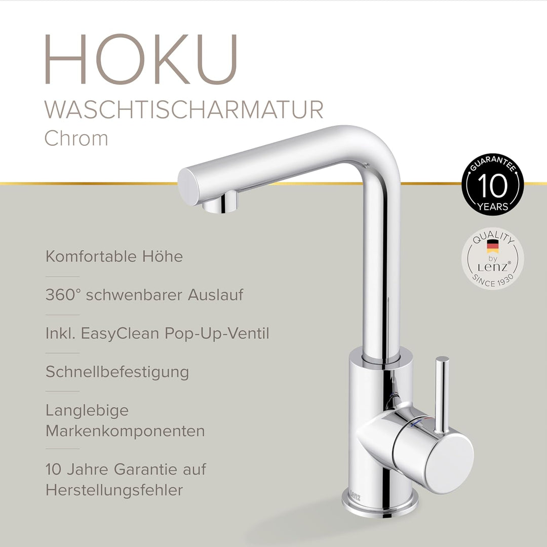 Lenz Badarmatur HOKU in Chrom – Hoher Auslauf mit 360° Schwenkfunktion | Waschtischarmatur mit Easy