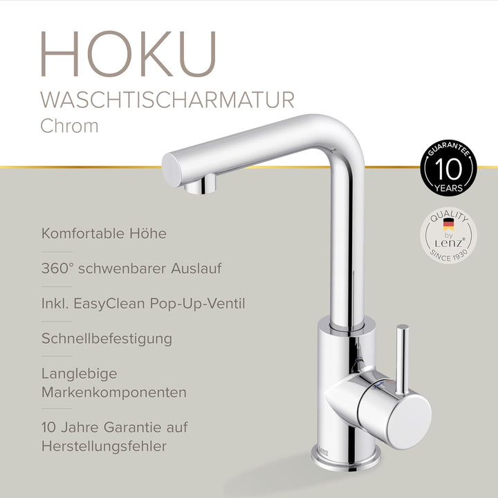 Lenz Badarmatur HOKU in Chrom – Hoher Auslauf mit 360° Schwenkfunktion | Waschtischarmatur mit Easy