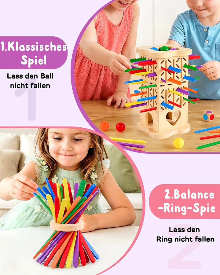 Montessori Holz Brettspiel ab 3–6 Jahre mit bunten Stäbchen & Ball | Holzspielzeug Kinder, Lernspiel