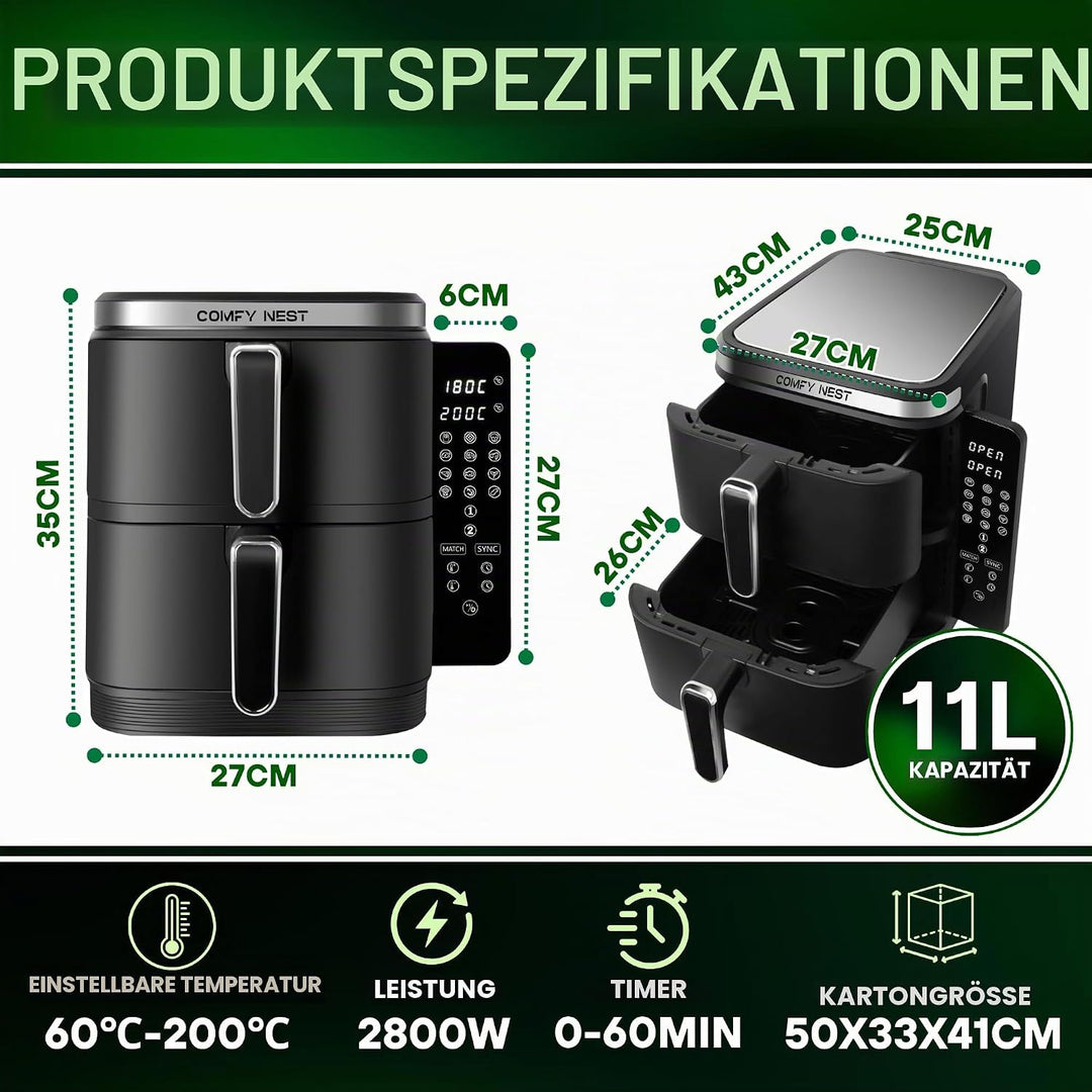 Comfy Nest, 11-Liter-Doppelkorb-Luftfritteuse, Heissluftfritteuse, gleichzeitiges Kochen, digitaler