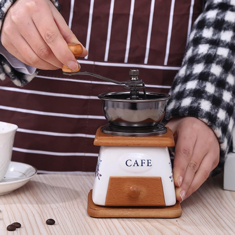 YUEHUA Manuelle Kaffeemühle justierbar - Keramik-Kegelmahlwerk, Gusseisen-Retro-Design mit Buchenhol