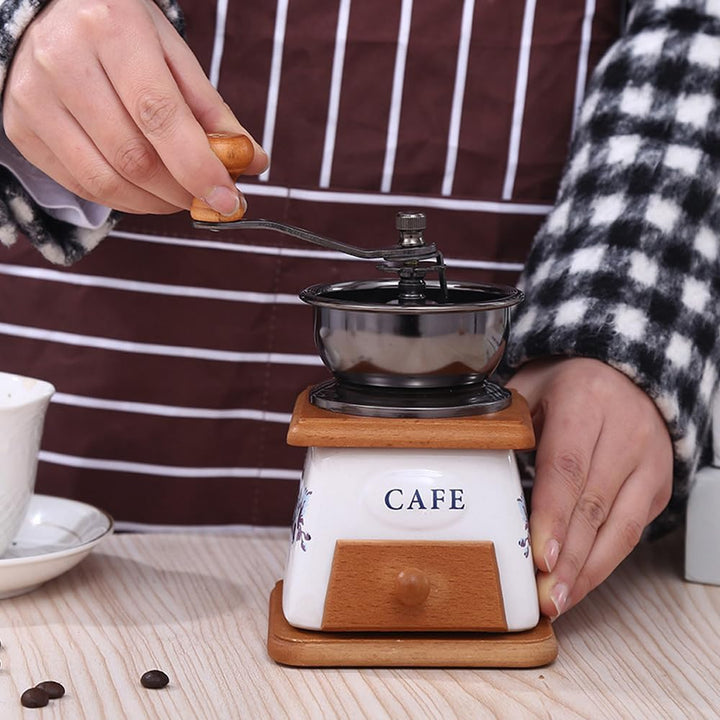 YUEHUA Manuelle Kaffeemühle justierbar - Keramik-Kegelmahlwerk, Gusseisen-Retro-Design mit Buchenhol